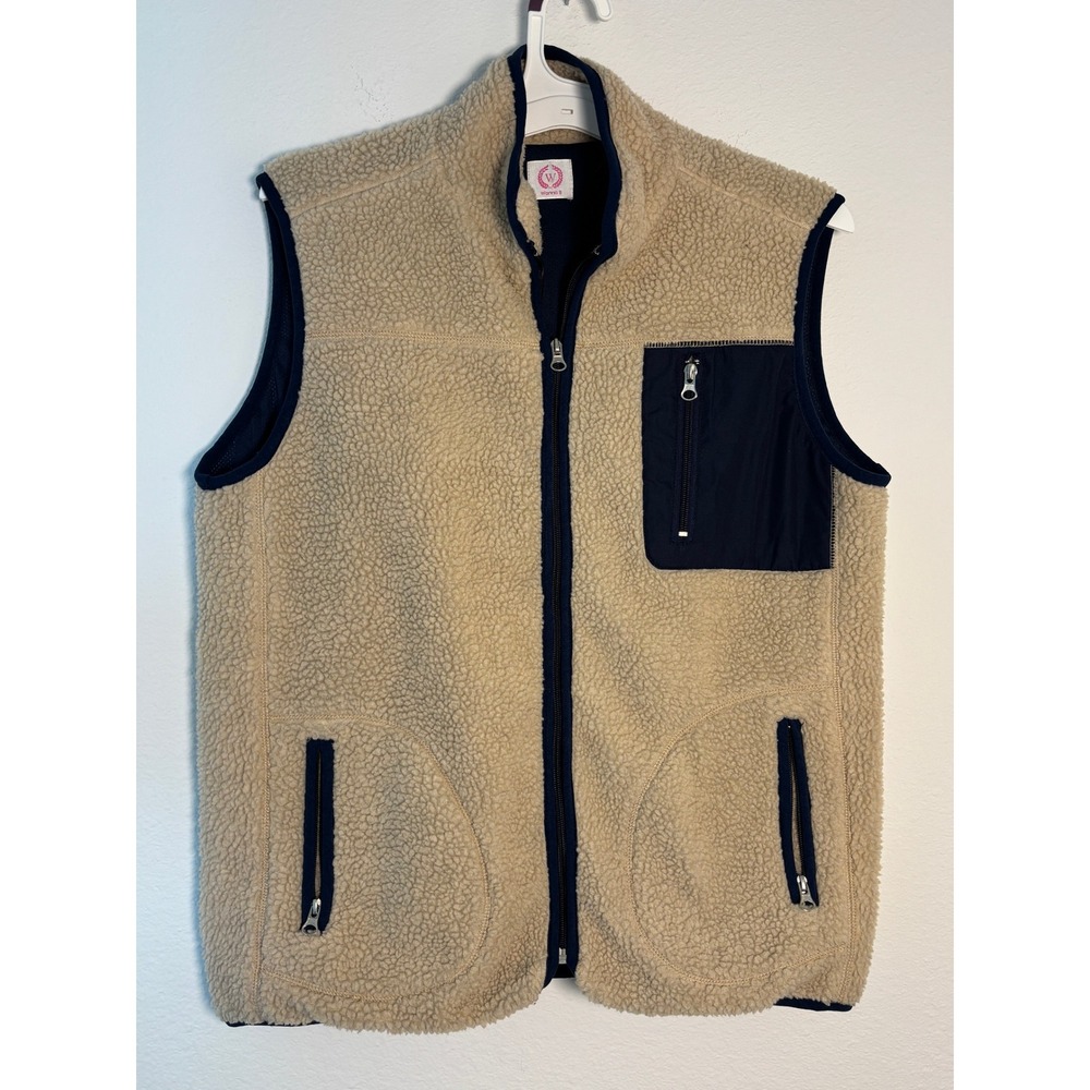 Wanna B Sherpa Fleece Vest Small Cream‎ Navy Blue Full Zip WV7004 Sleeveless